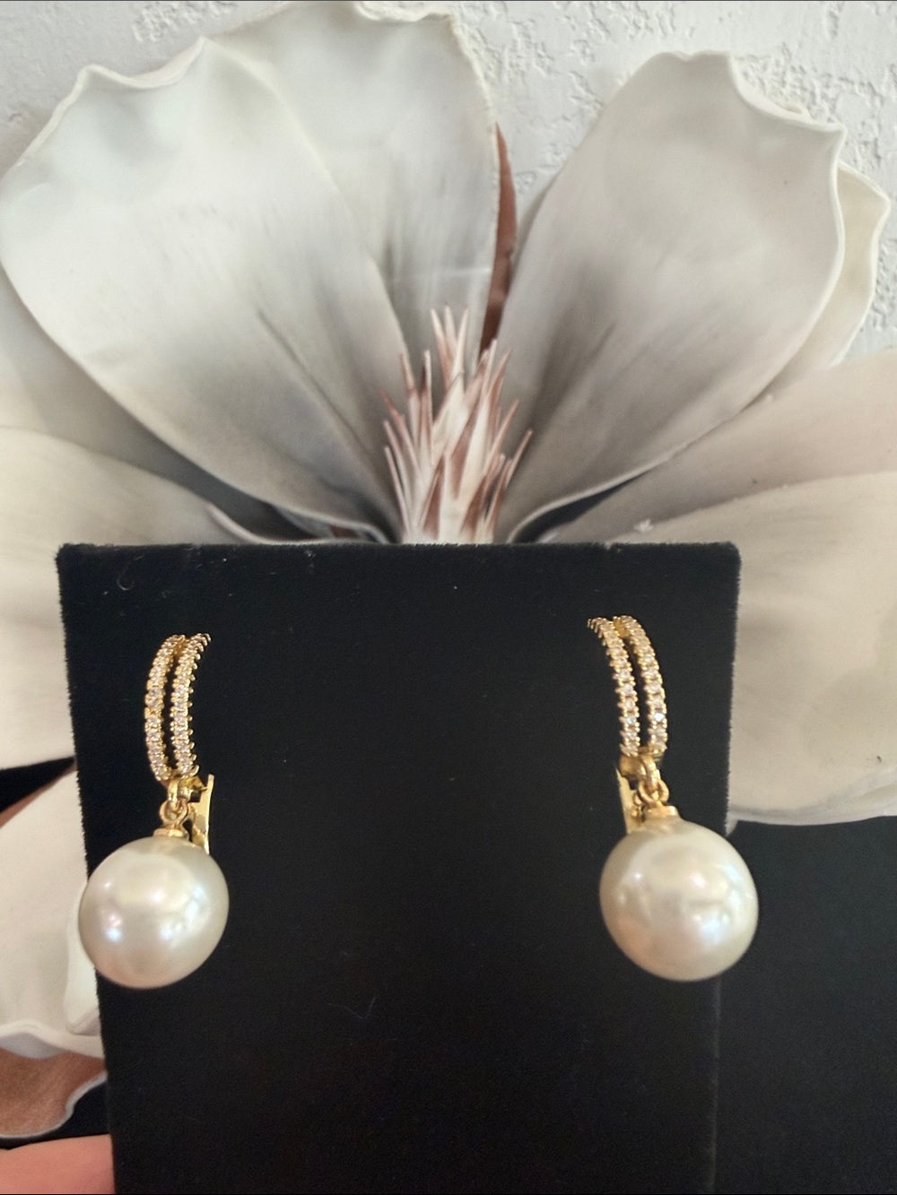 Gold Tone Pearl Drop Earrings - Classic Gold and White Faux Pearl Dangle